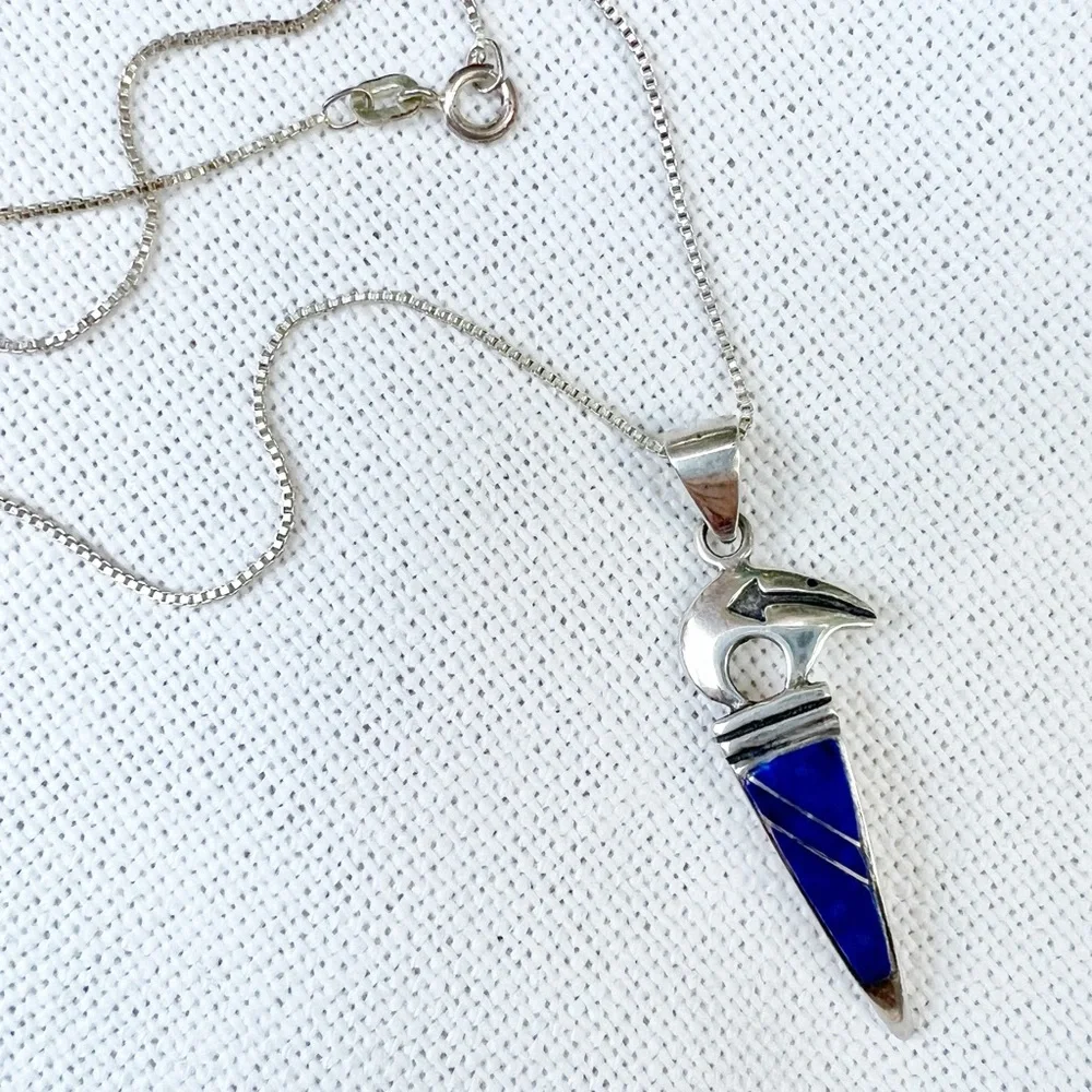 VINTAGE Southwestern Lapis & Sterling Silver Spirit Bear Pendant Necklace Unisex